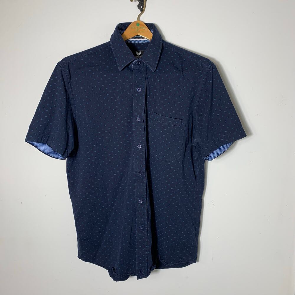 Mens Buttercloth Short Sleeve Button Front Shirt Blue Patterned Size M EUC!